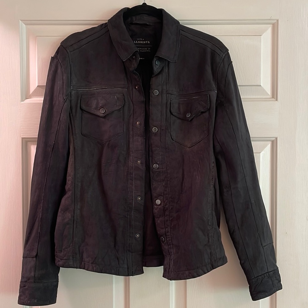 Men’s SMALL ALLSAINTS black leather jacket, vintage looking distressed,